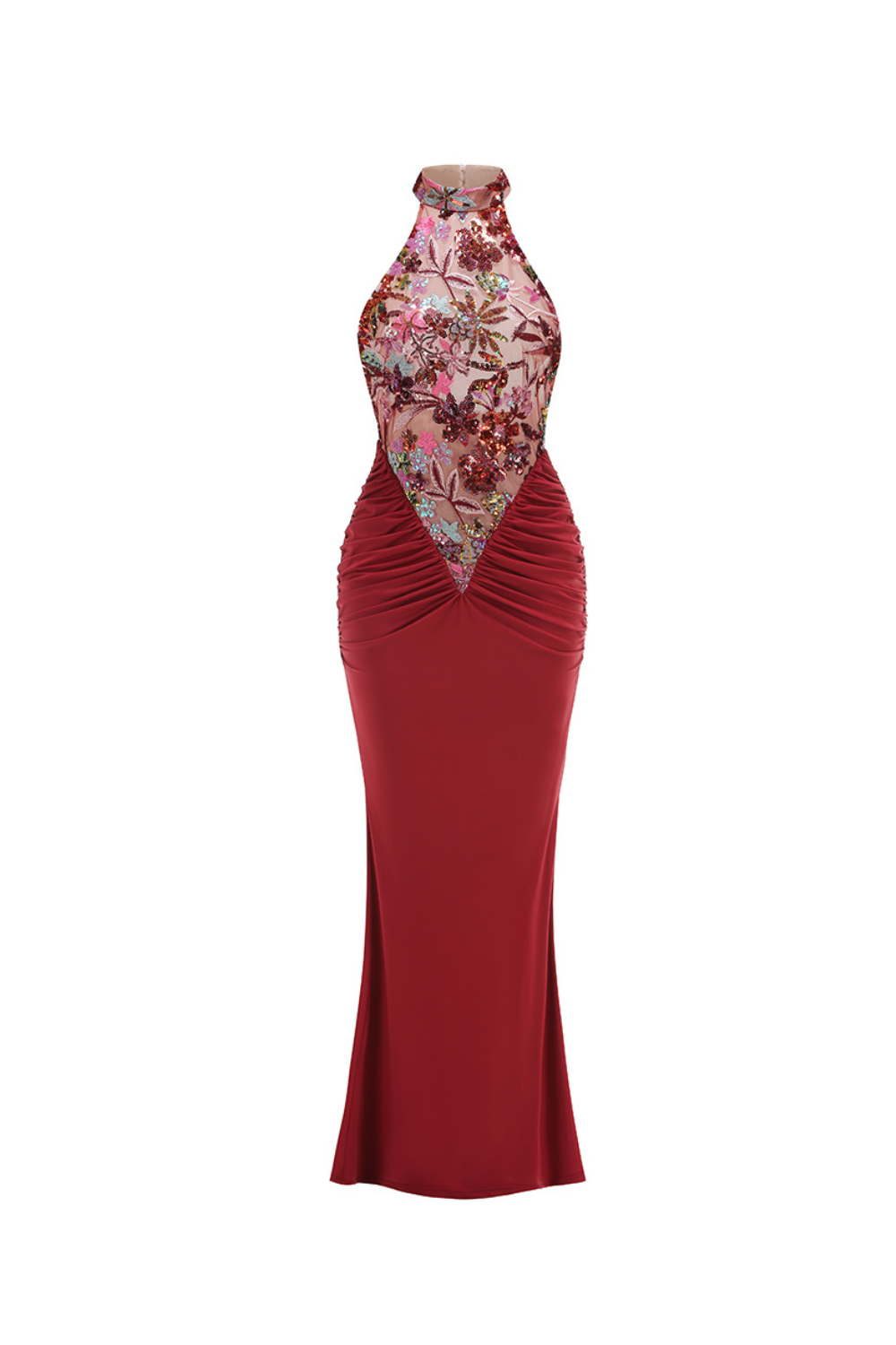 Sequin Embroidery Halter Maxi Dress in Red