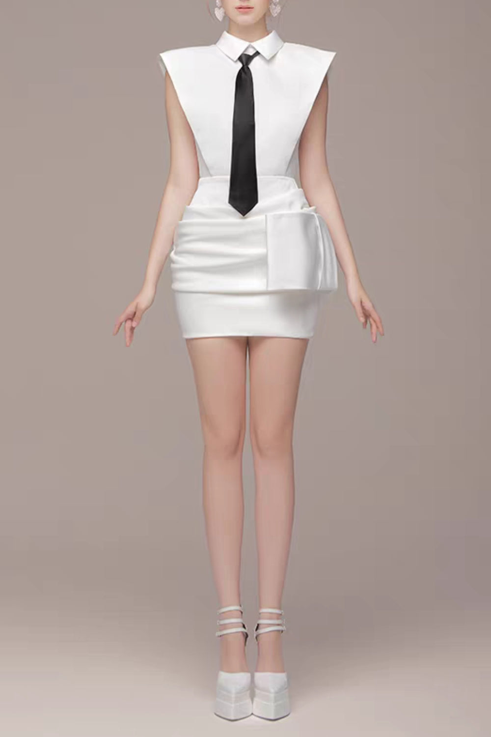 White Bowknot Mini Dress With Necktie