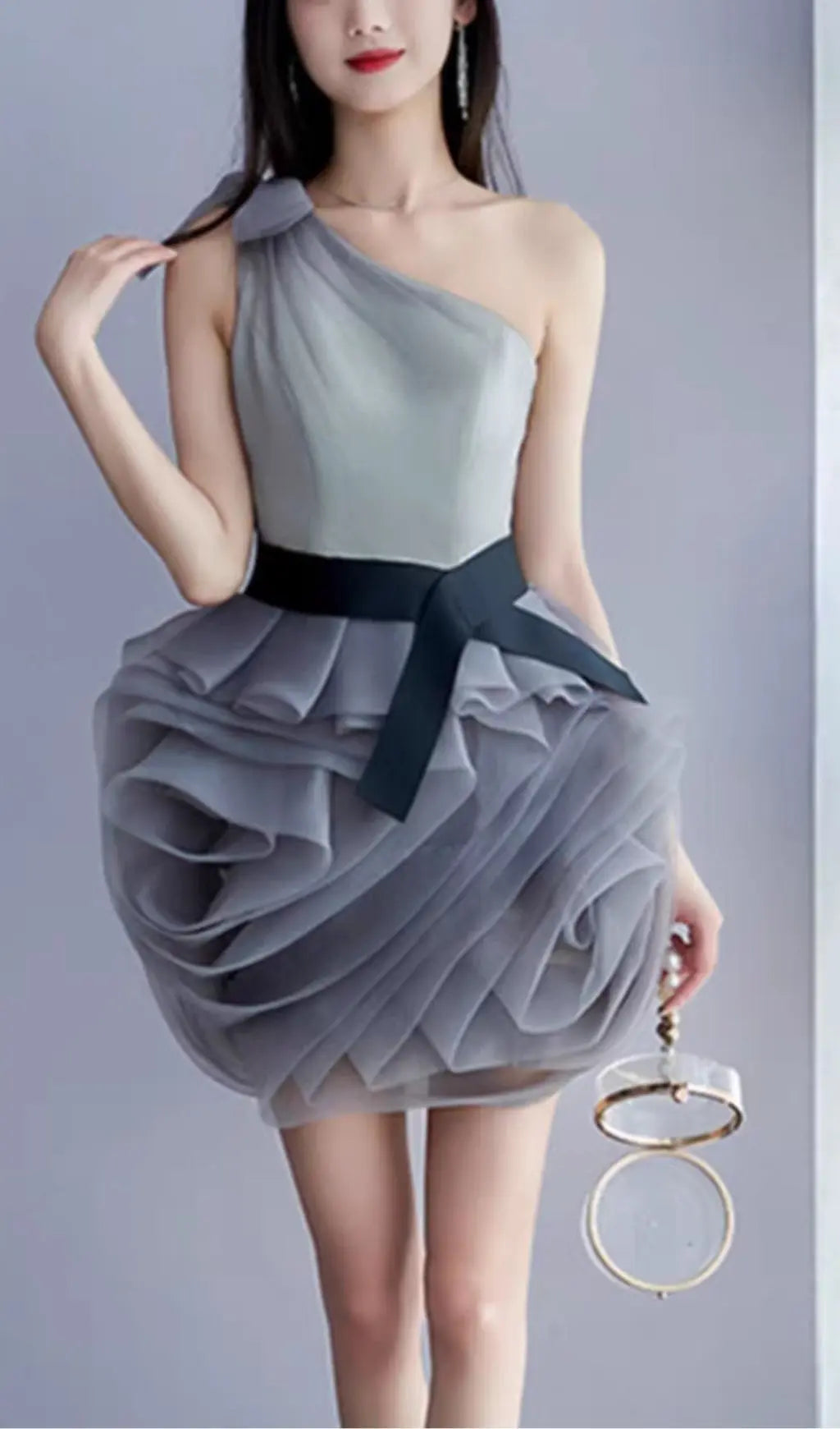 One Shoulder Mesh Mini Dress in Grey