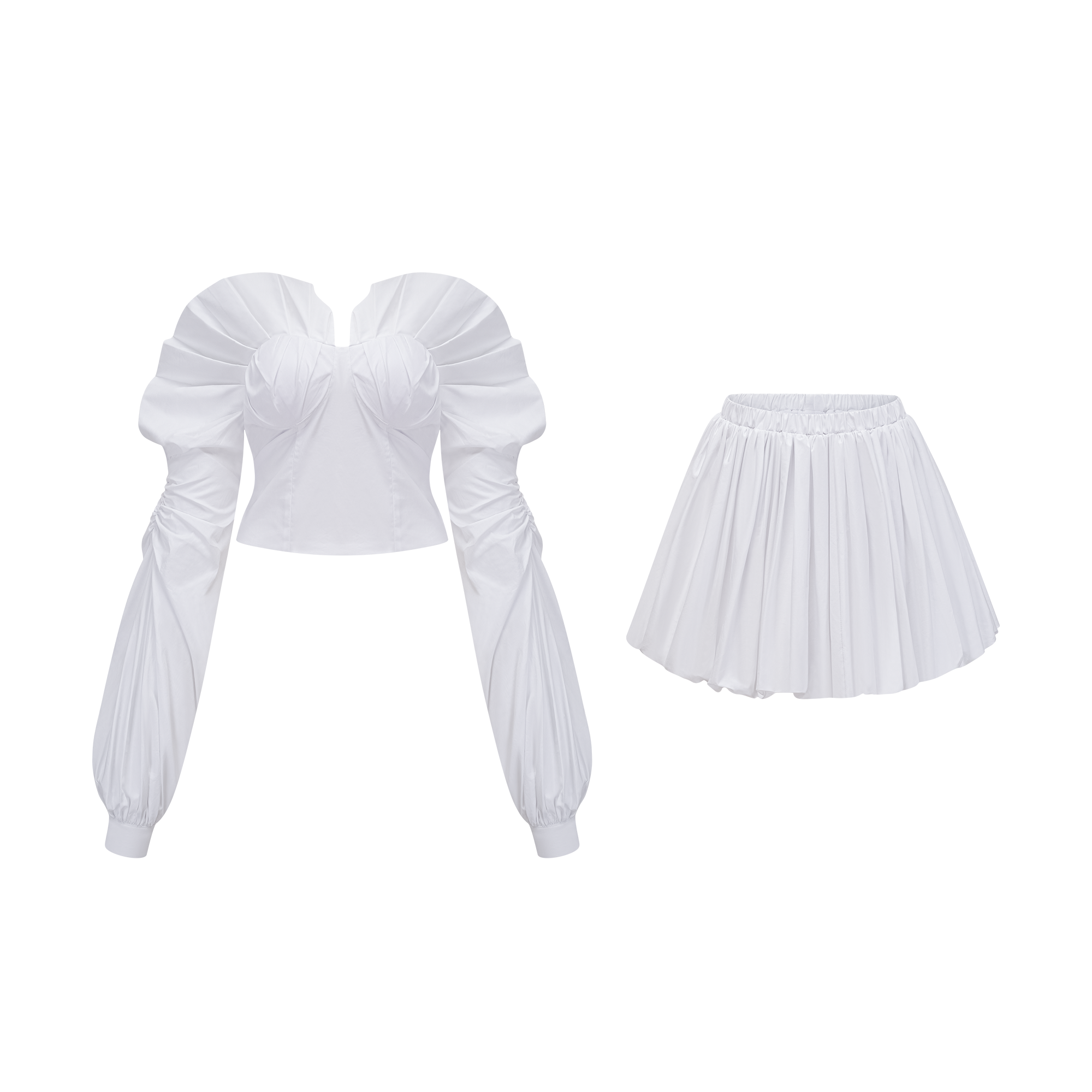 White Off-Shoulder Ruched BlouSequin & Skirt Set