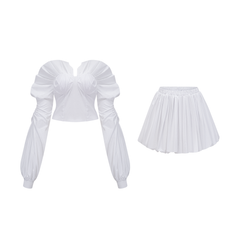 White Off-Shoulder Ruched BlouSequin & Skirt Set