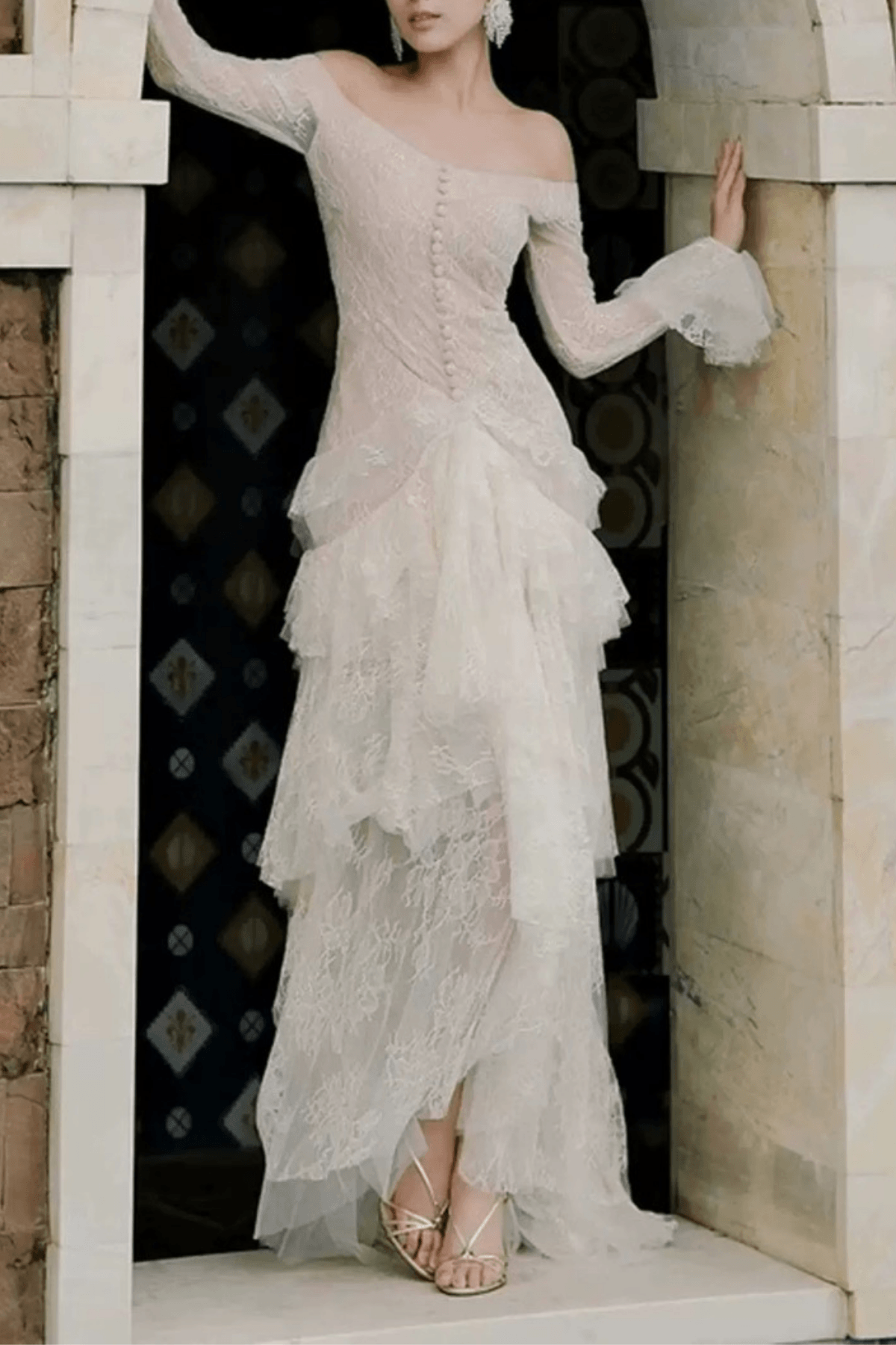 White Lace Off Shoulder Long Sleeve Ruffle Maxi Dress