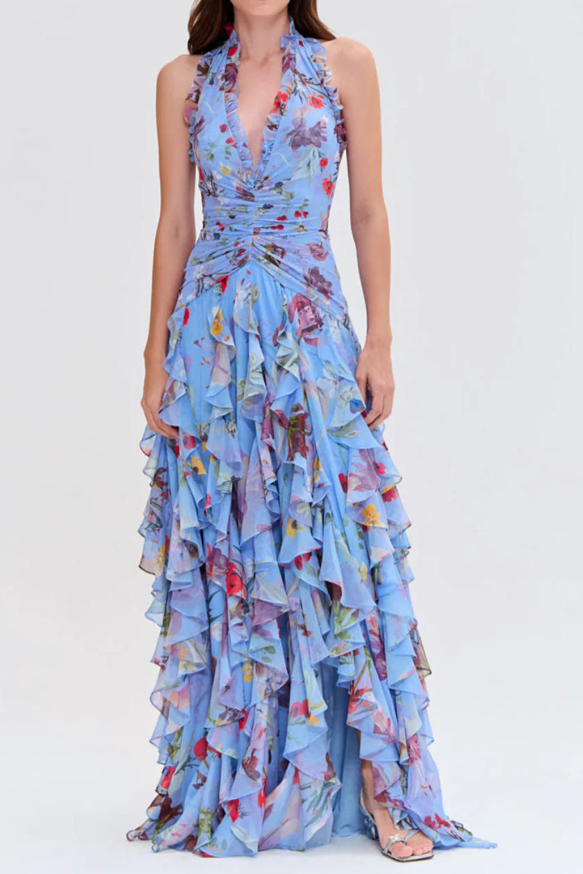 Floral Halter Ruffle Maxi Dress in Blue