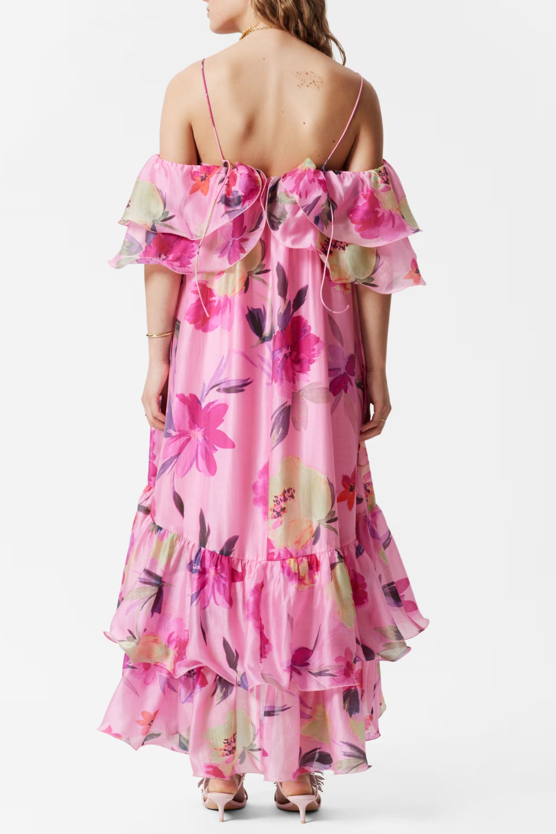 Off-Shoulder Floral Printed Ruffle Maxi Dress in Rose Red