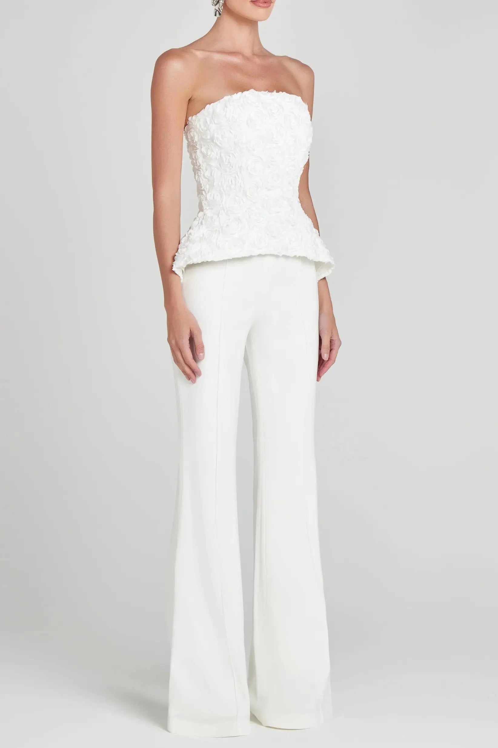 3D Flower Top Pants Set in White