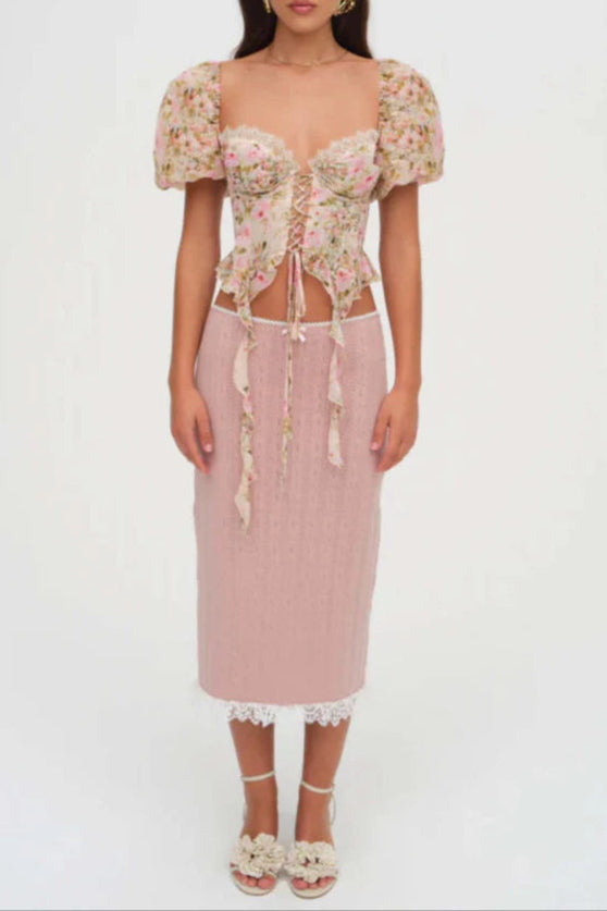 Pink Tie-Drape Shirt with Ruffled Puff Sleeves