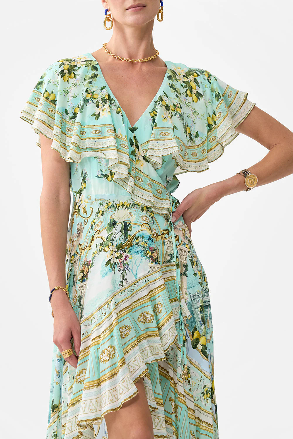 Green-Printed Ruffled V-Neck Hem Silk Maxi Dress