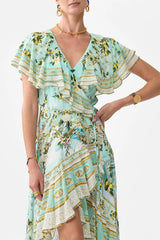 Green-Printed Ruffled V-Neck Hem Silk Maxi Dress