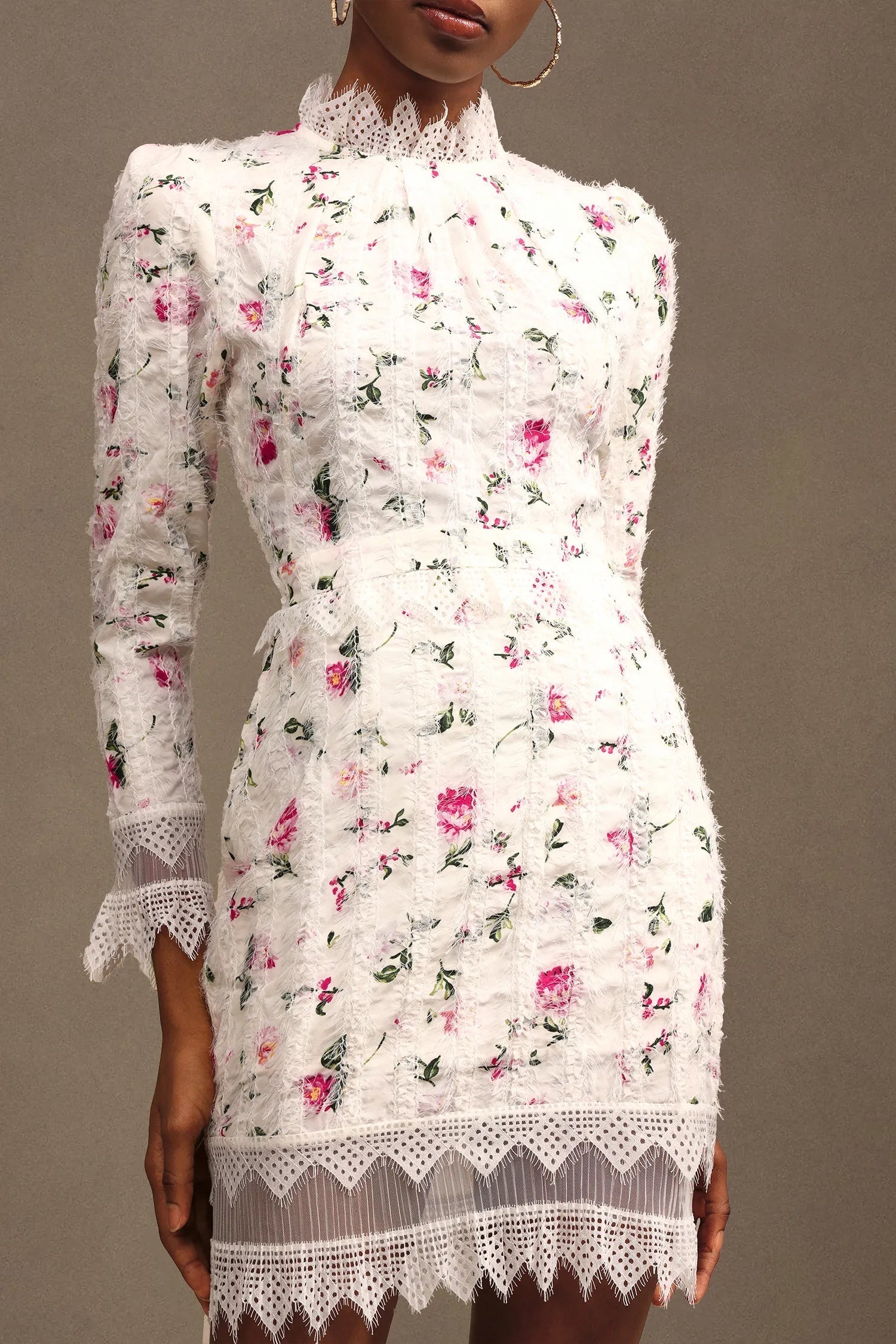 Lace-Trim Long-Sleeve Floral Midi Dress in White