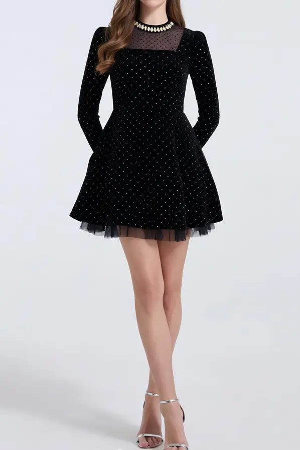 Polka Dots Long Sleeve Mini Dress in Black