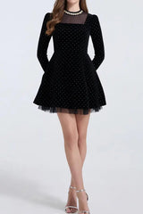 Polka Dots Long Sleeve Mini Dress in Black