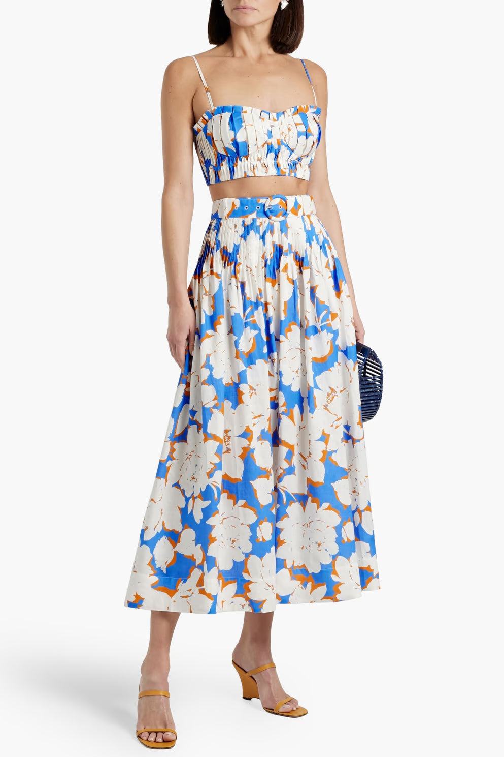 Floral-Print Linen Bustier Top Skirt Set in Blue