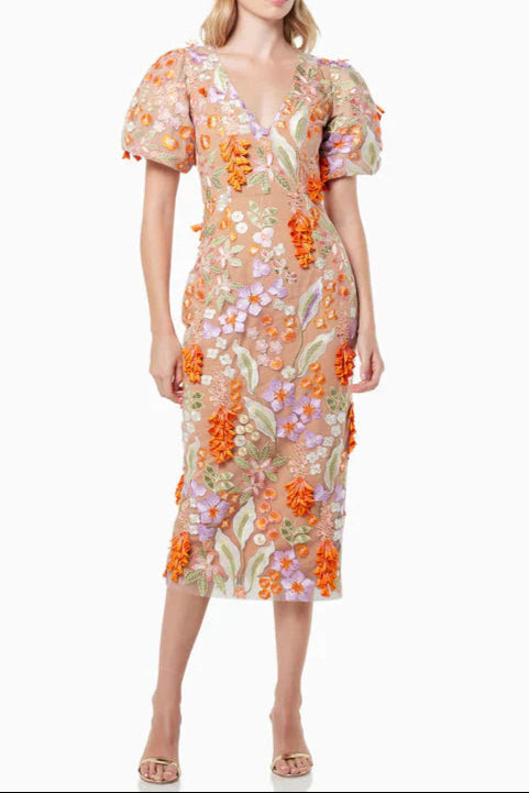 Mesh Embroidered 3D Flower V-neck Puff Sleeves Midi Dress in Orange