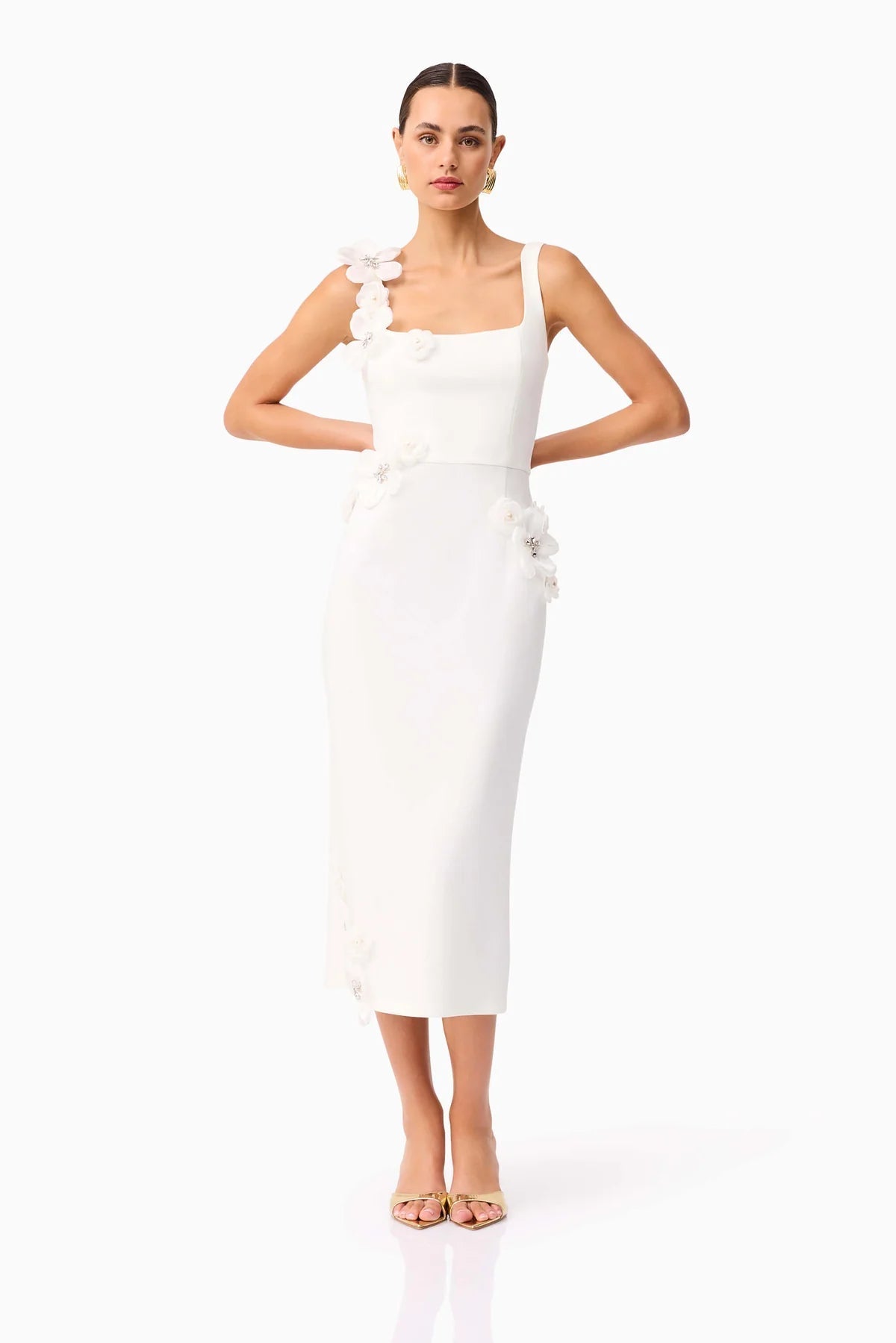 3D Flower Midi Dress in White