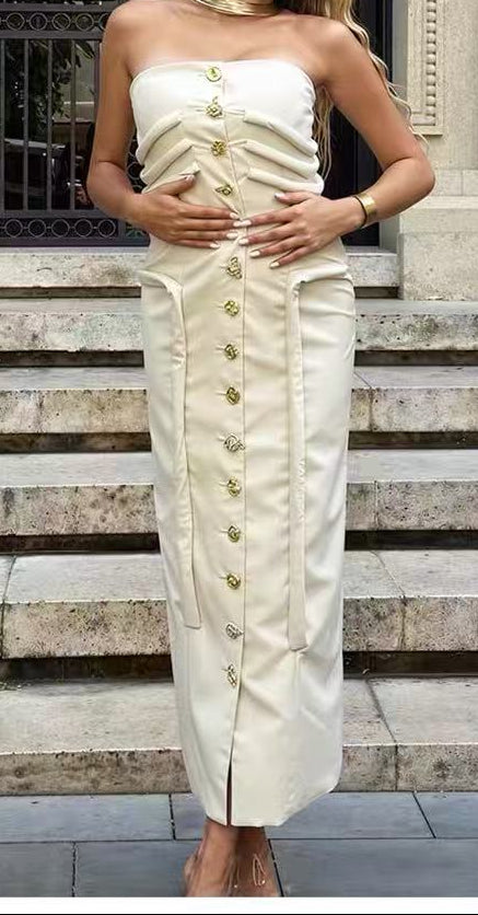Midi Dress With Sculptural Knotted Bodice Detail And Jewel Buttons - Cream