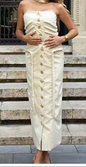 Midi Dress With Sculptural Knotted Bodice Detail And Jewel Buttons - Cream