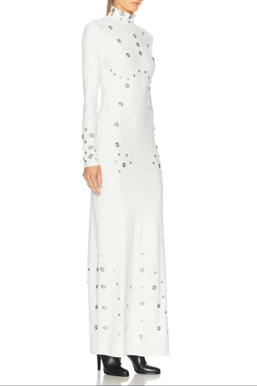 Embellished Stretch-Jersey Maxi Dress in White