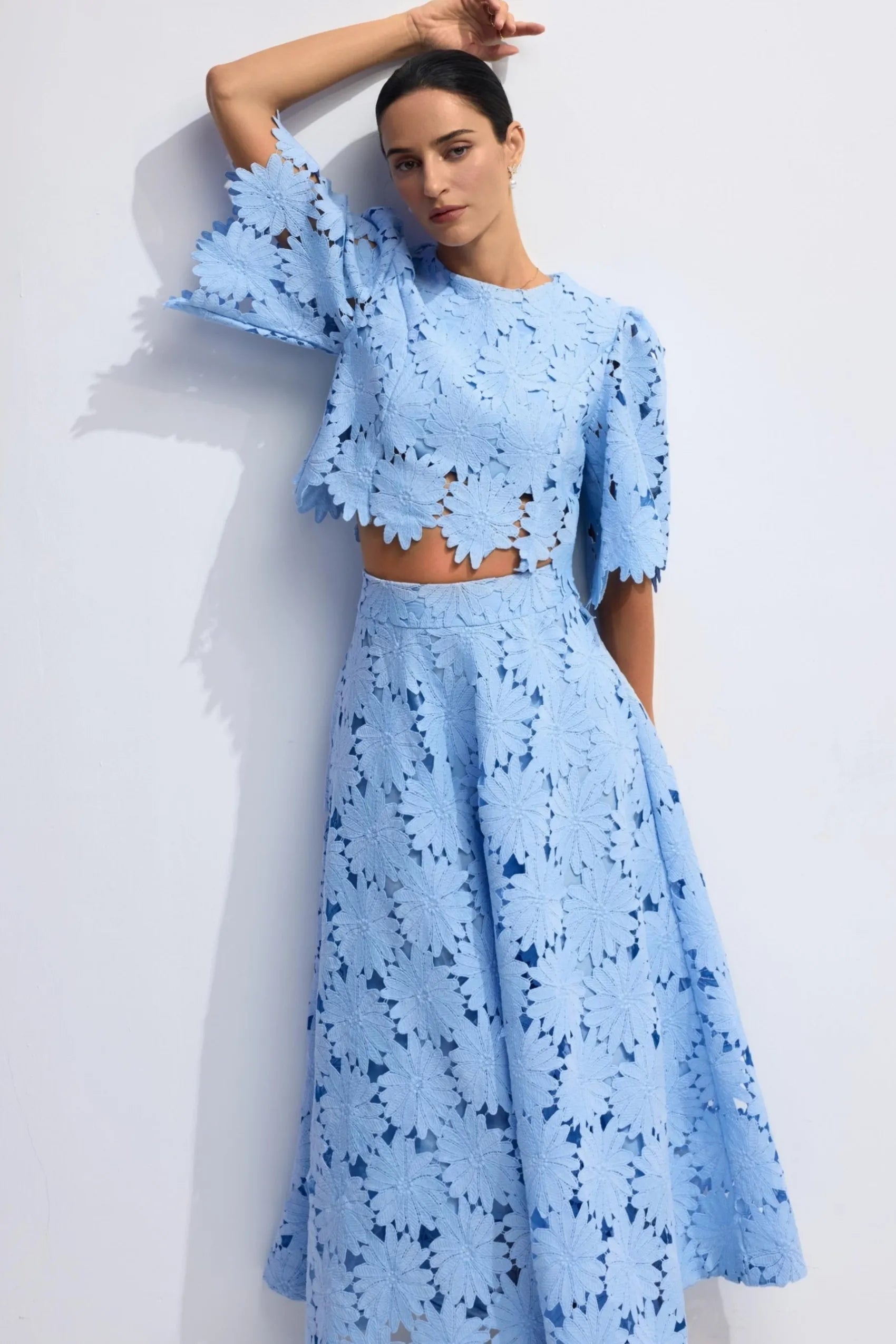 Lace Embroidered Top & Maxi Skirt Two-Piece Set in Blue