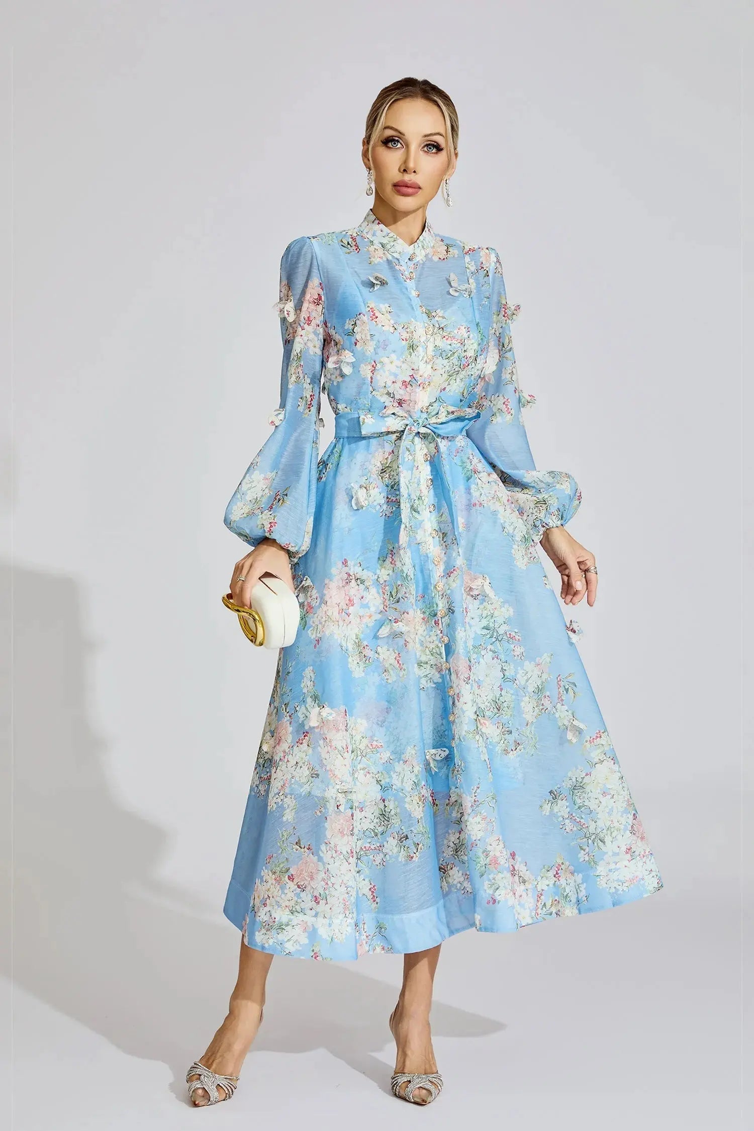 Blue Floral Printed Puff Sleeve Maxi Dress