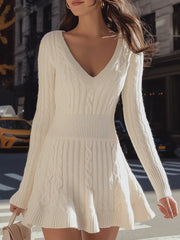 Cozy Cable Knit Sweater Dress With V-Neck And Flare Hem