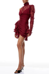 Asymmetrical Ruffled Mini Dress in Burgundy