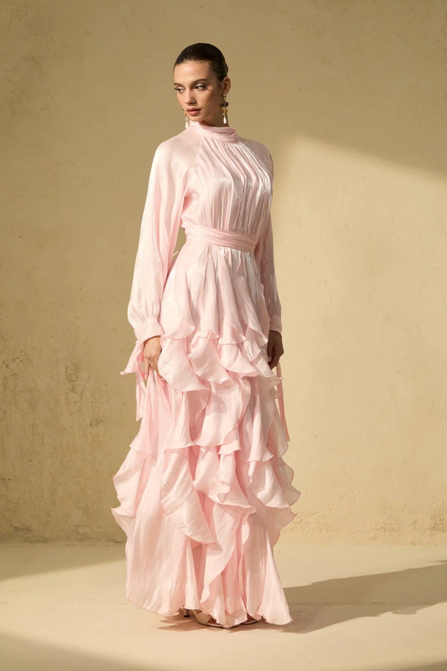 Puff Sleeve Ruffle Trim Maxi Dress in Pink