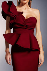 One Shoulder Asymmetry Red Midi Set