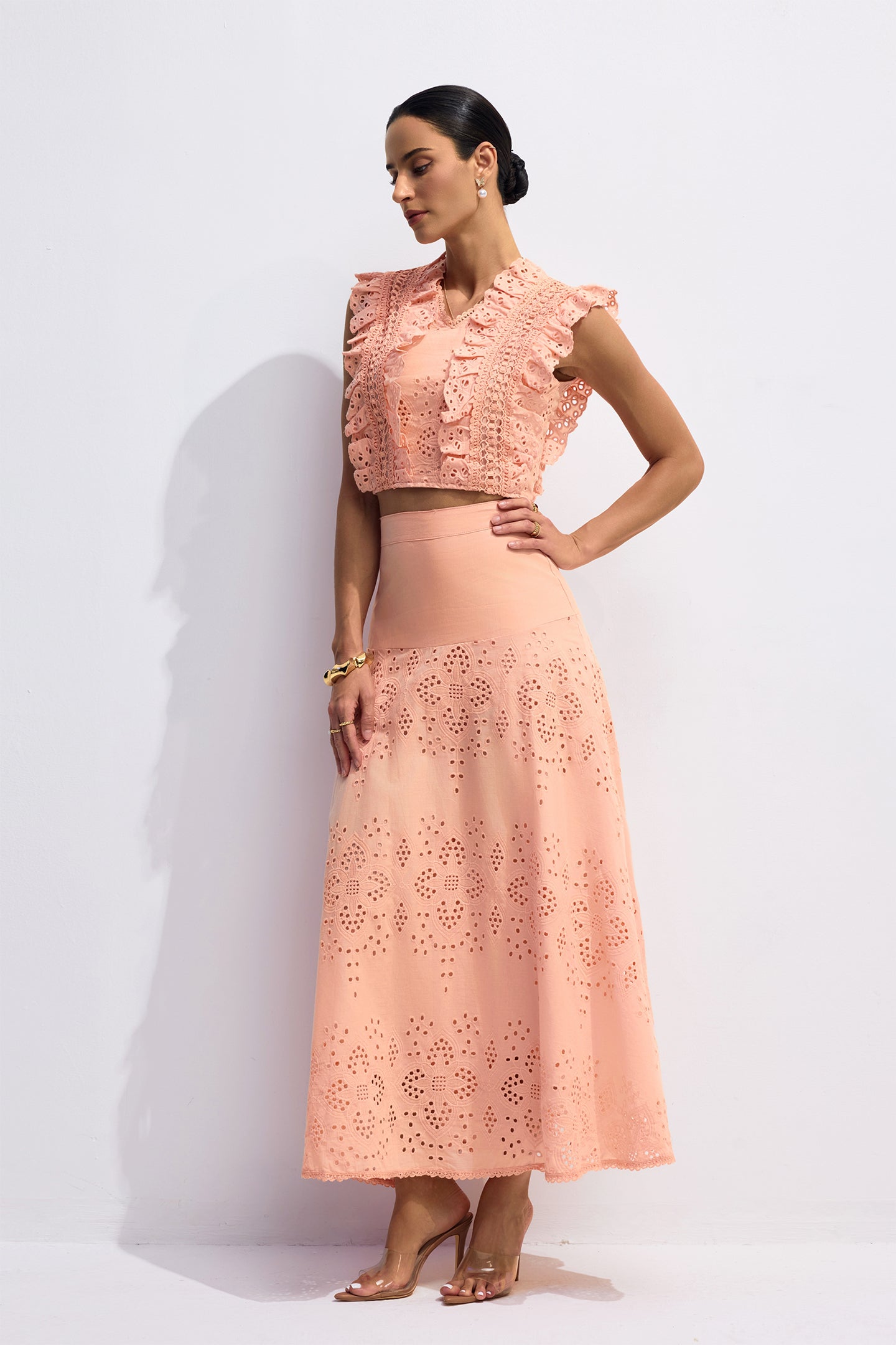 V-Neck Embroidery Crop Top & Skirt Set in Orange