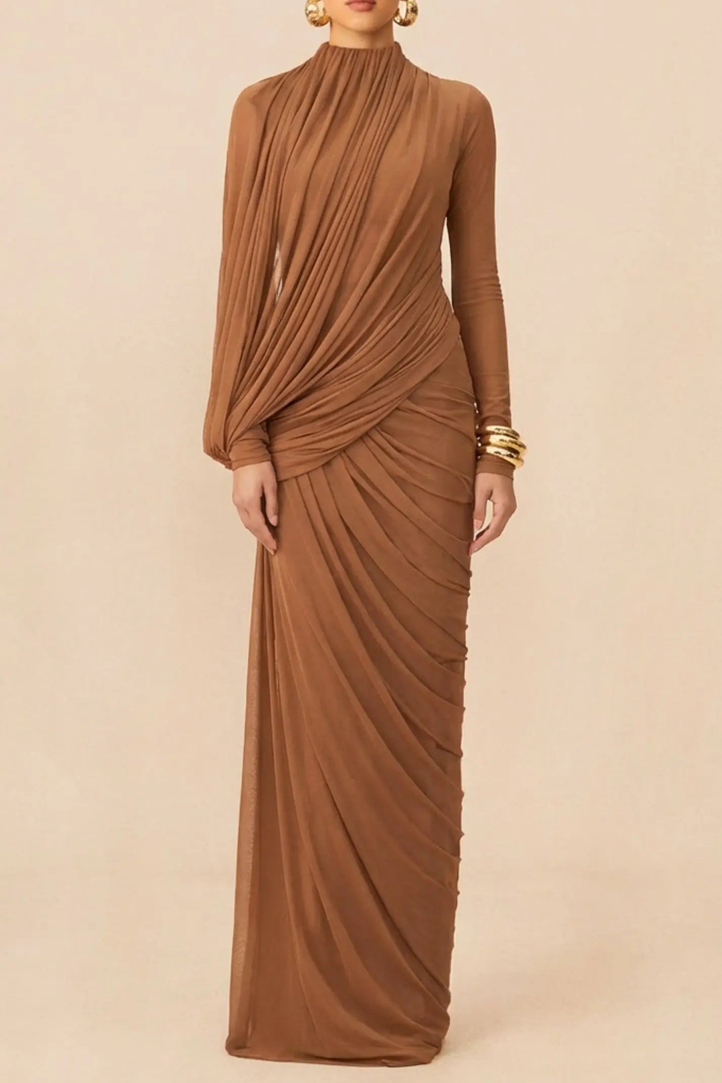 High Neck Drape Ruched Maxi Dress in Brown
