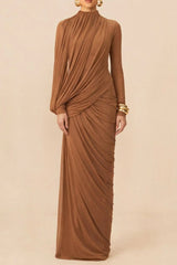 High Neck Drape Ruched Maxi Dress in Brown