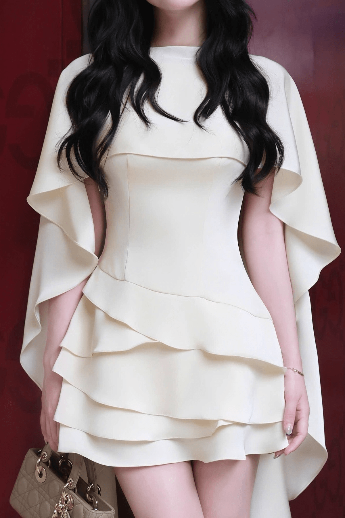 White Cape Sleeve Open Back Ruffle Mini Dress