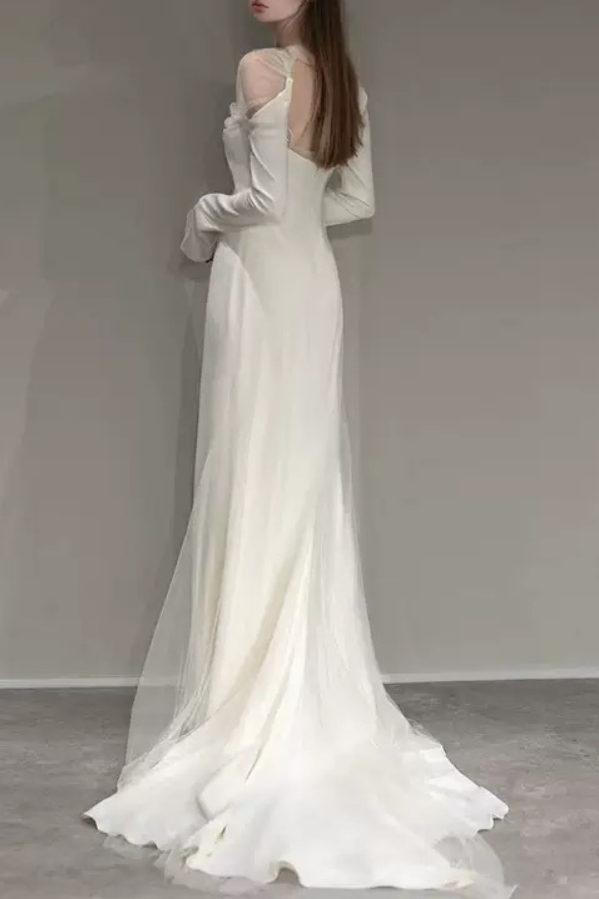 White Sheer Long Sleeve Train Maxi Dress
