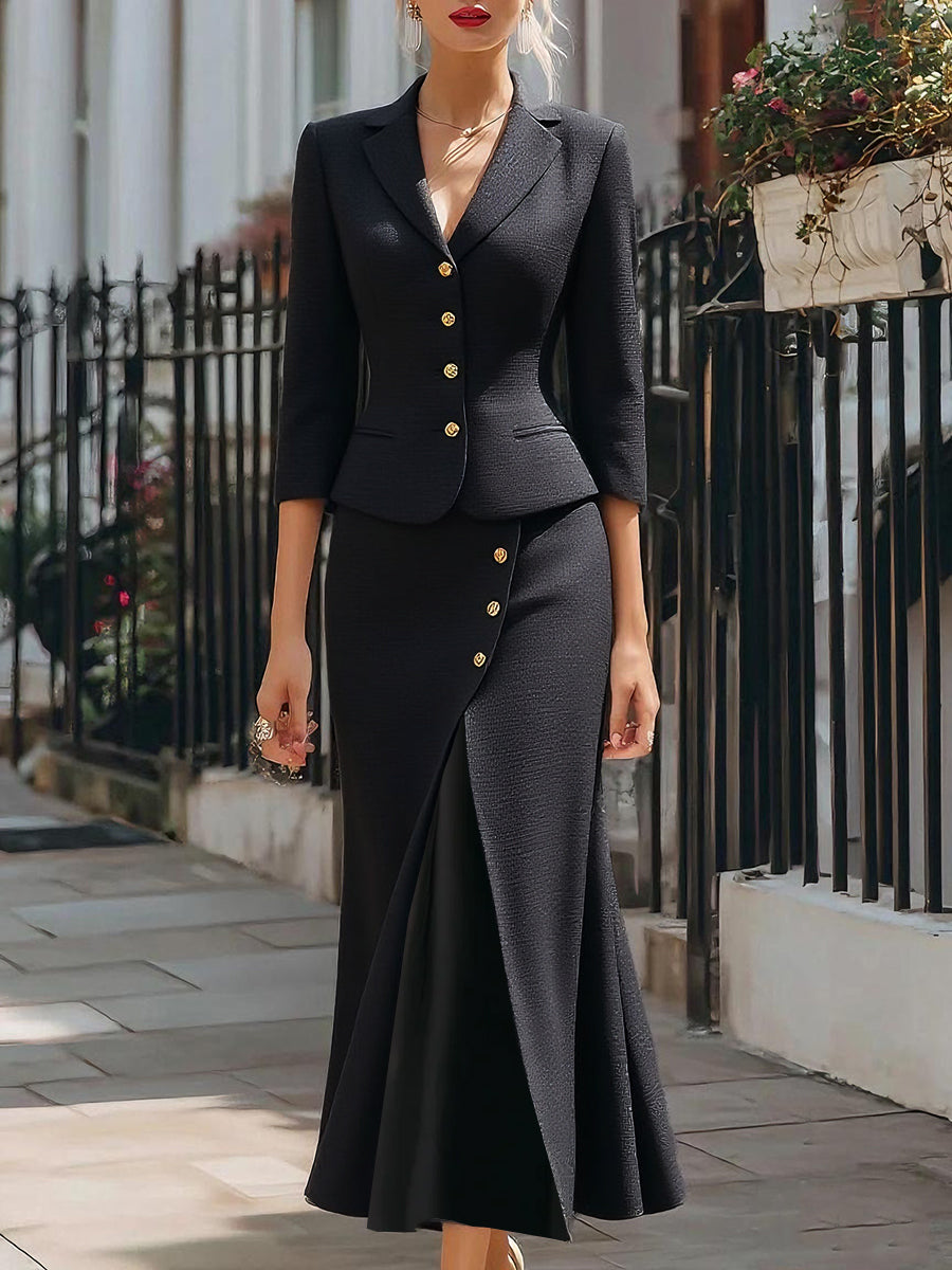 Textured Buttoned Blazer & Midi Skirt Set