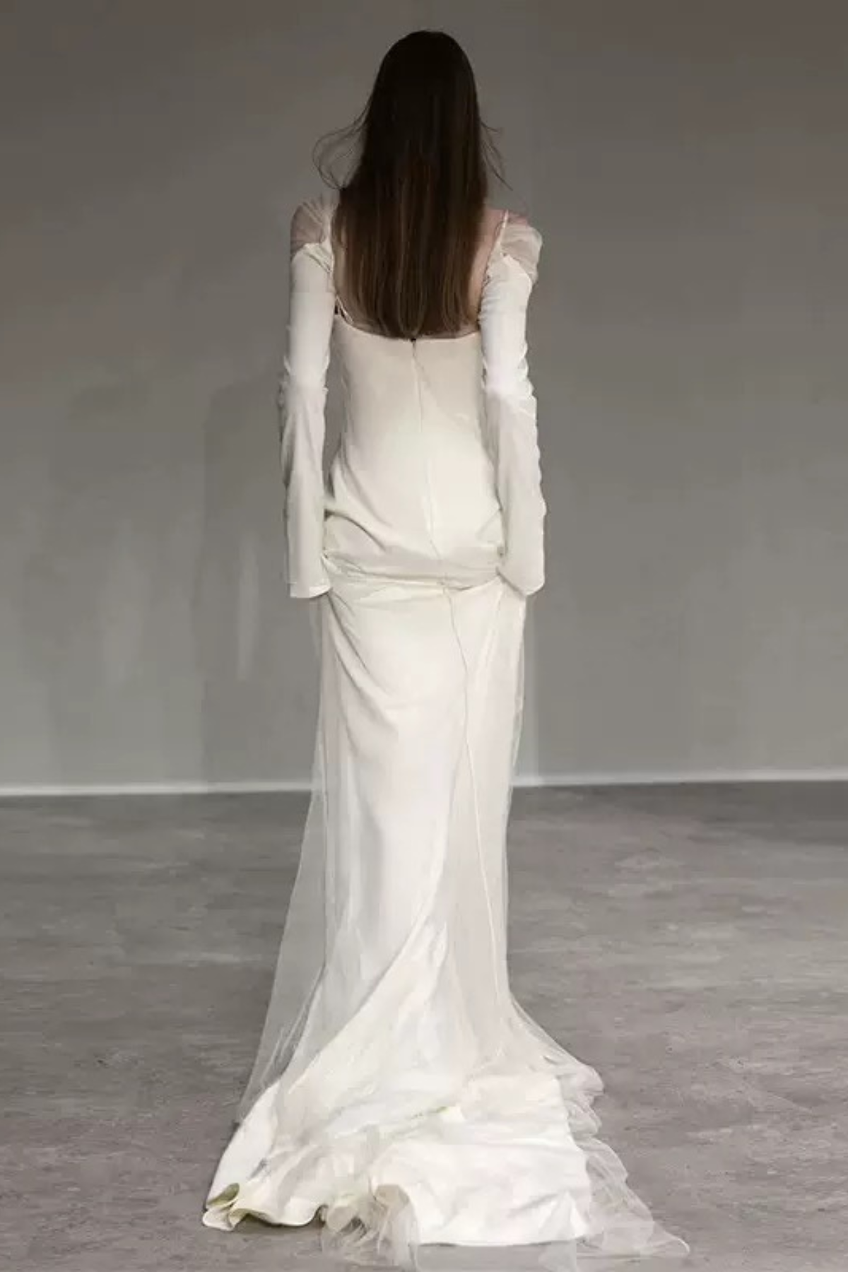 White Sheer Long Sleeve Train Maxi Dress