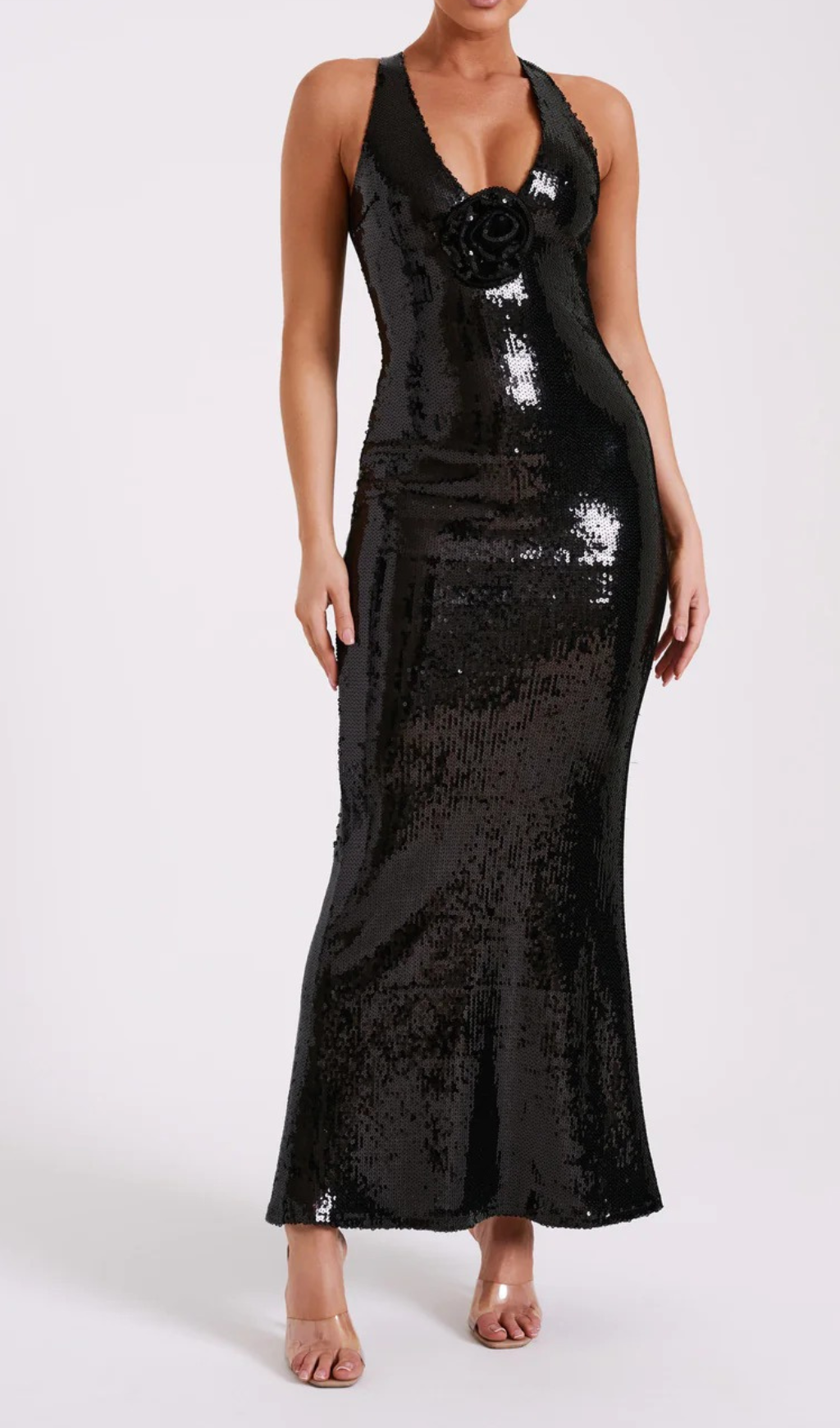 Rose Sequin Maxi Dress in Black