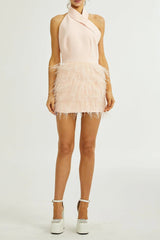 Feather-Detail Halter Backless Dress in Pink