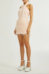 Feather-Detail Halter Backless Dress in Pink