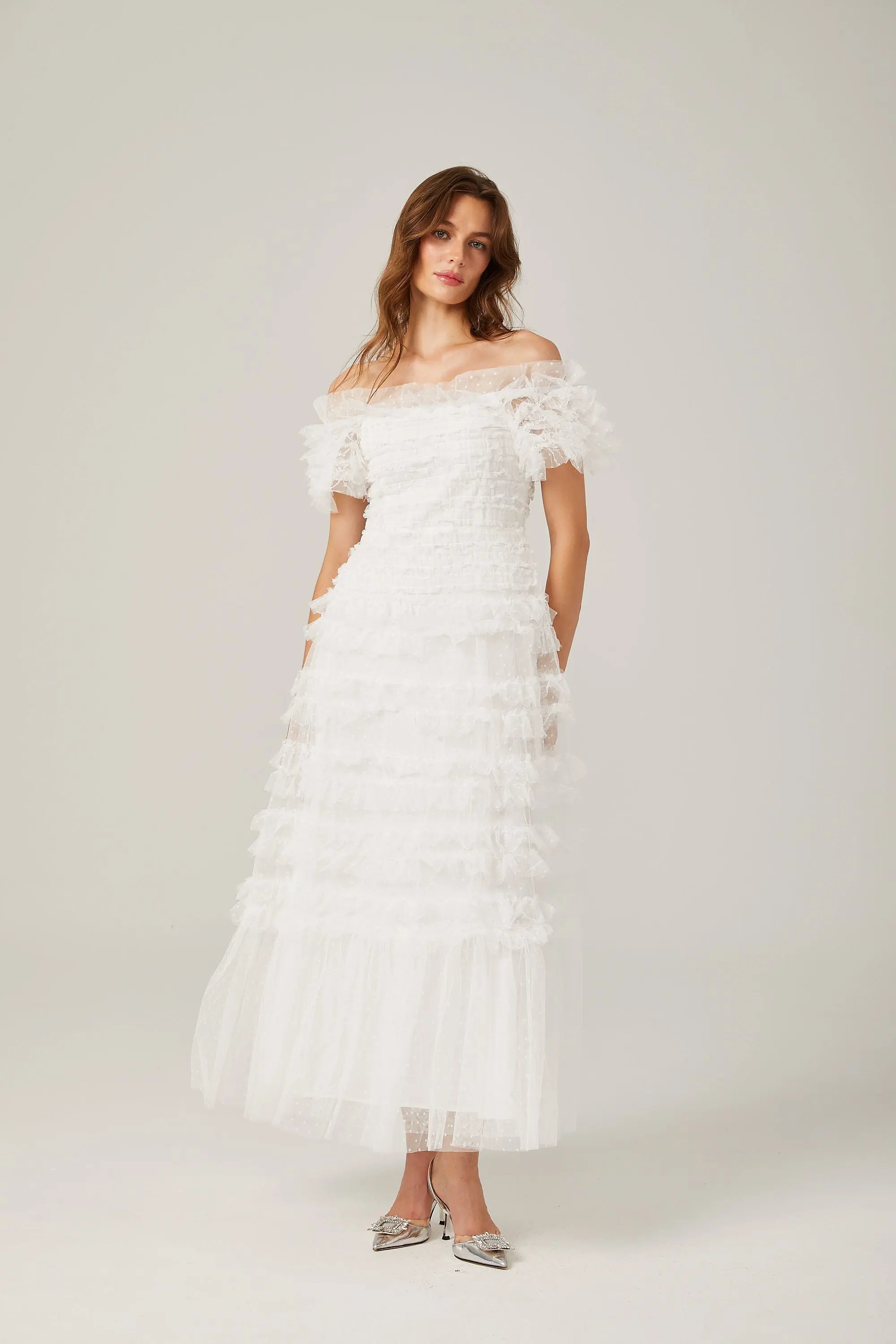 Ruffled Midi Dress in White