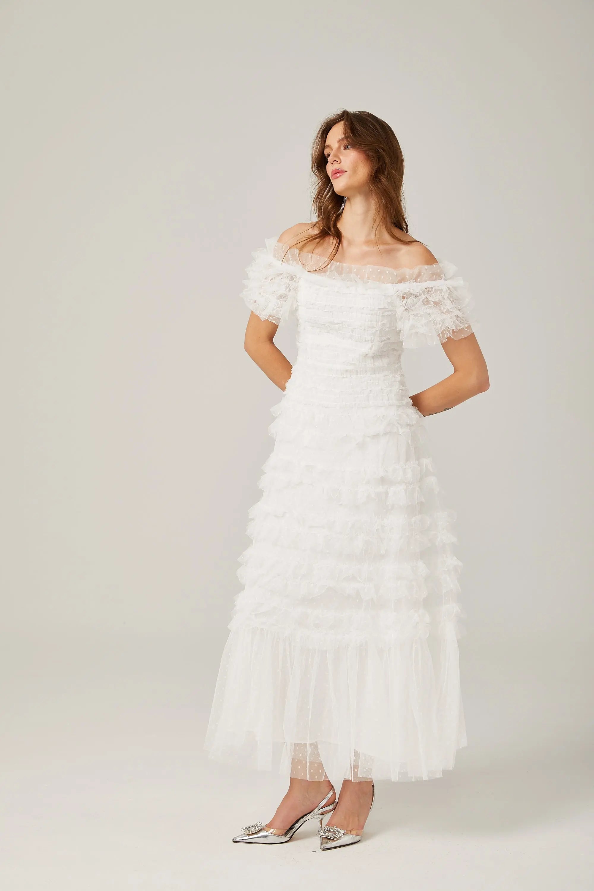 Ruffled Midi Dress in White