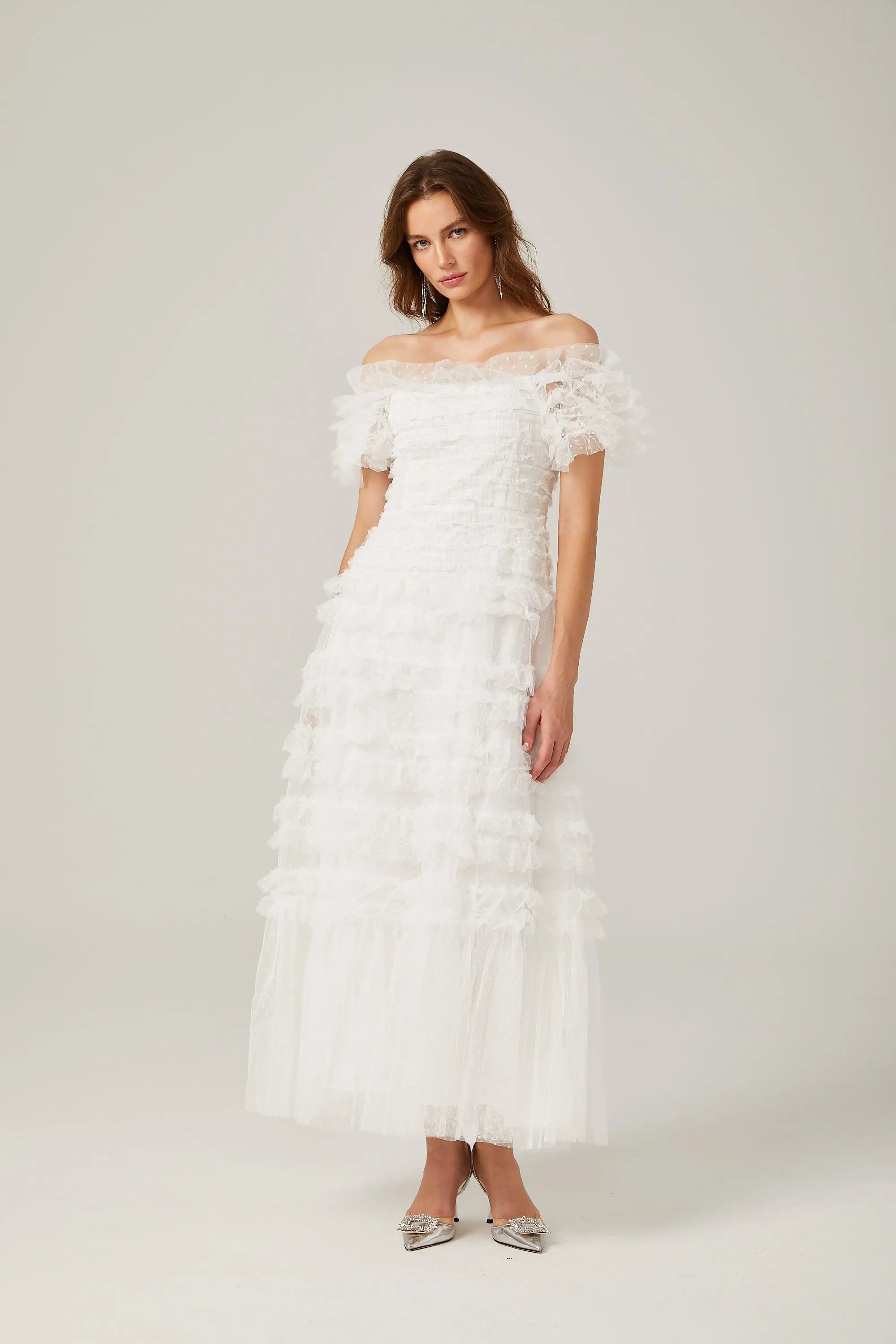 Ruffled Midi Dress in White