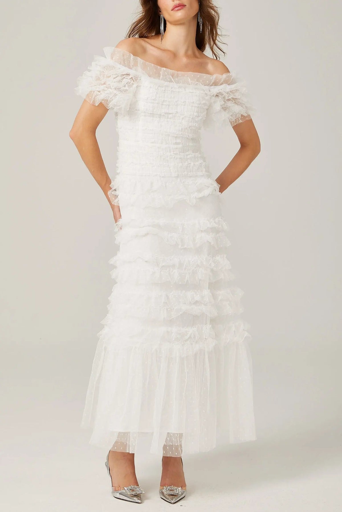 Ruffled Midi Dress in White