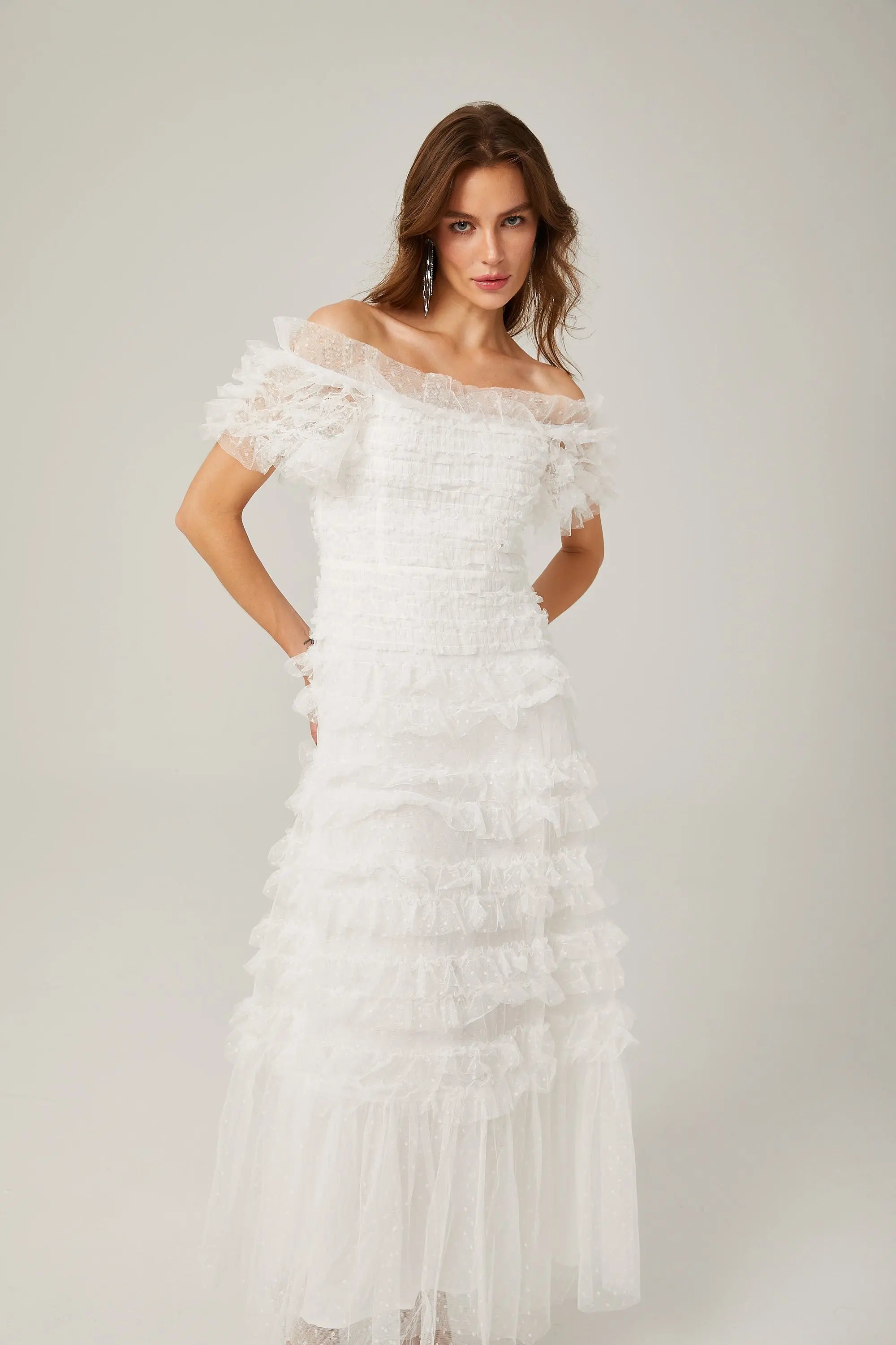 Ruffled Midi Dress in White