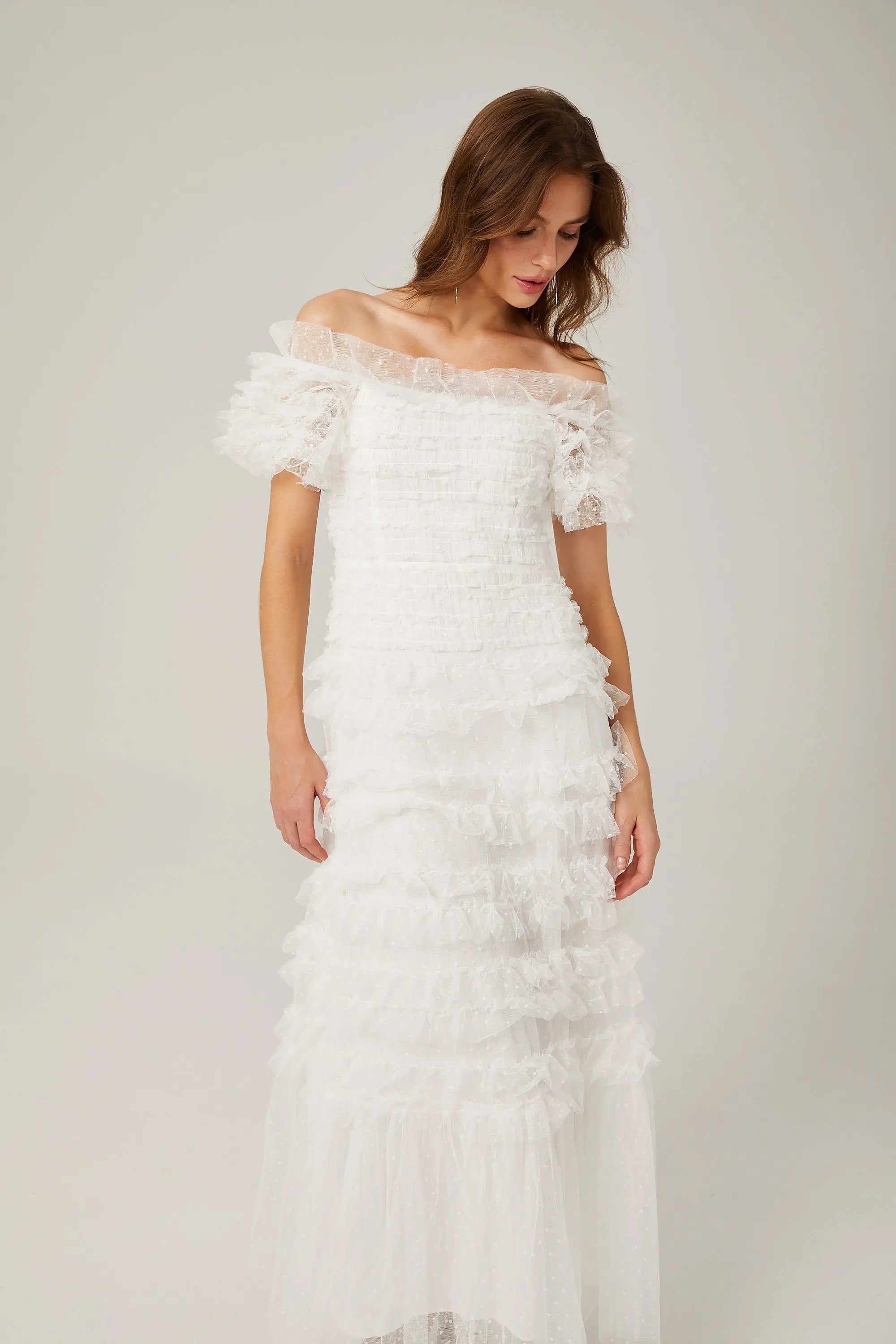 Ruffled Midi Dress in White