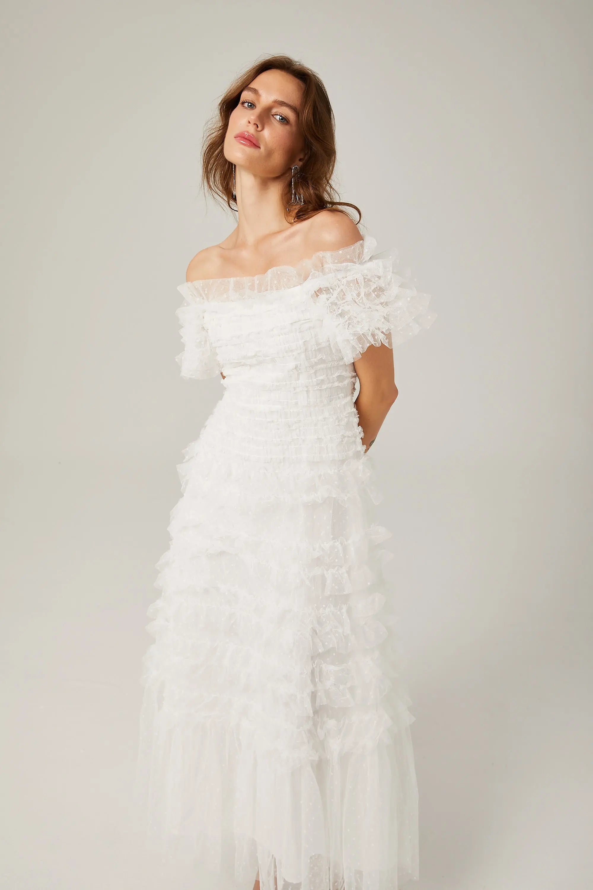 Ruffled Midi Dress in White
