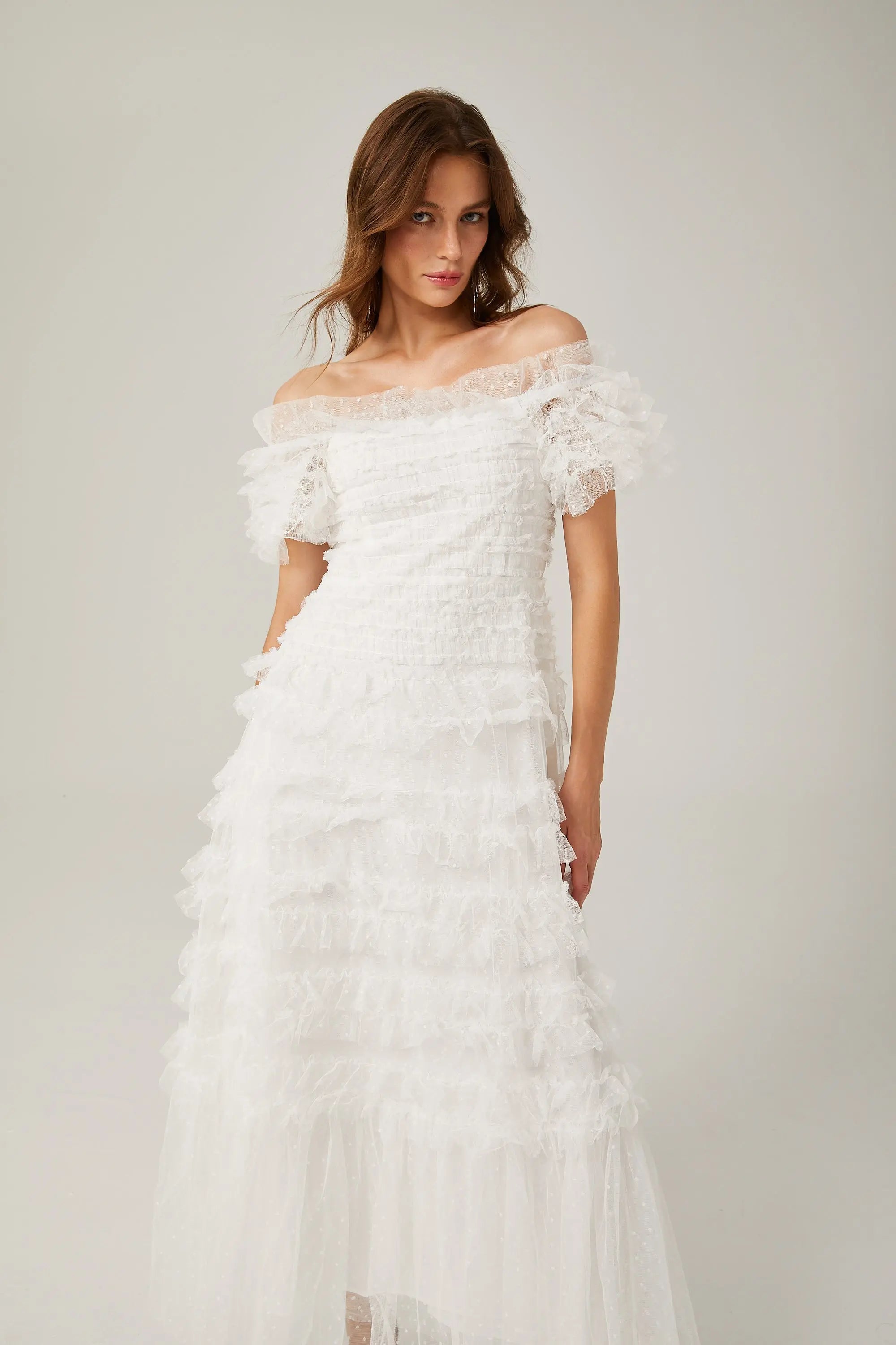 Ruffled Midi Dress in White