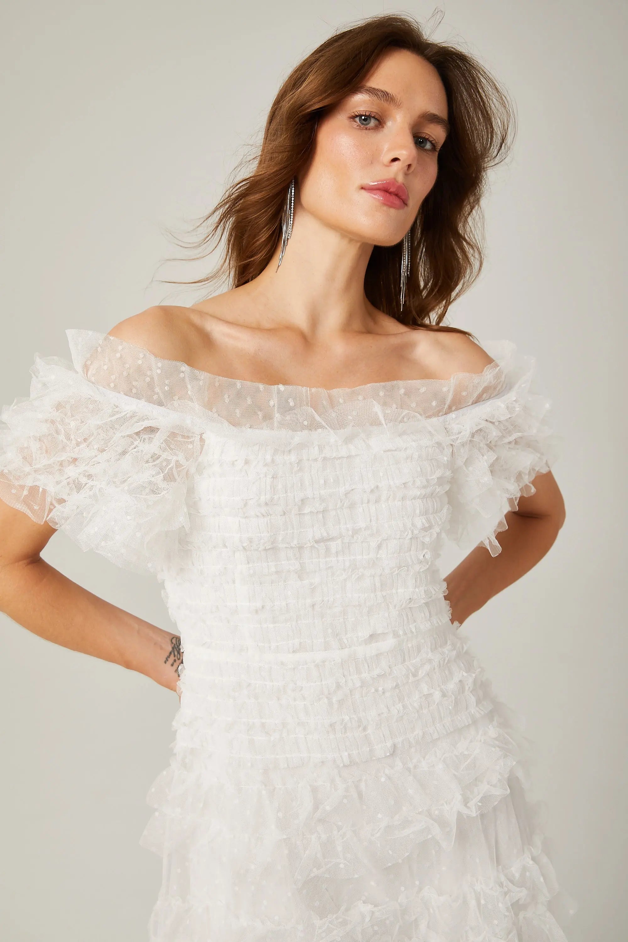 Ruffled Midi Dress in White