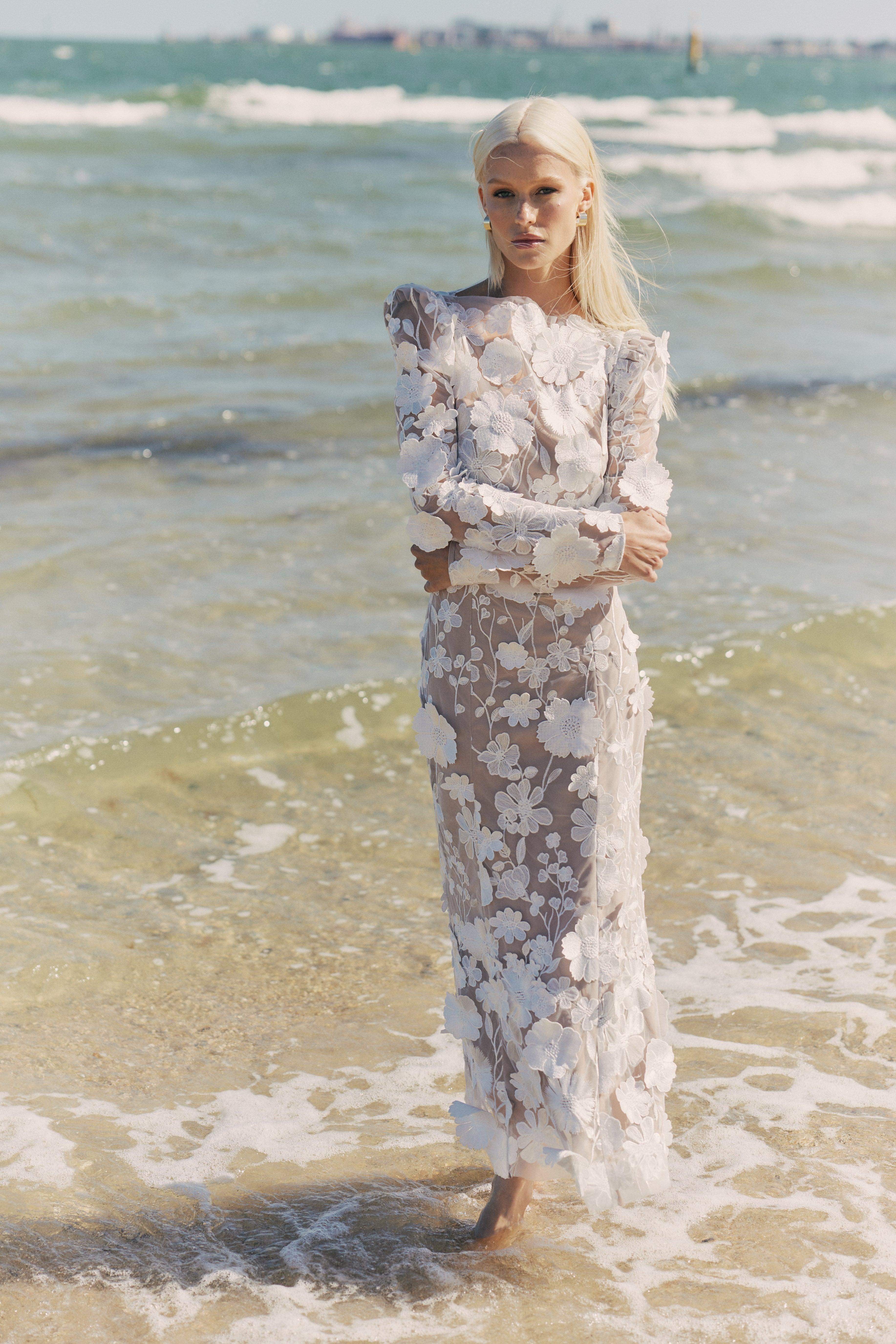 3D Floral Midi Dress In White