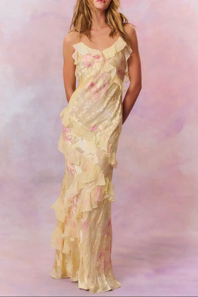 Ruffle Trim Floral Maxi Dress in Yellow