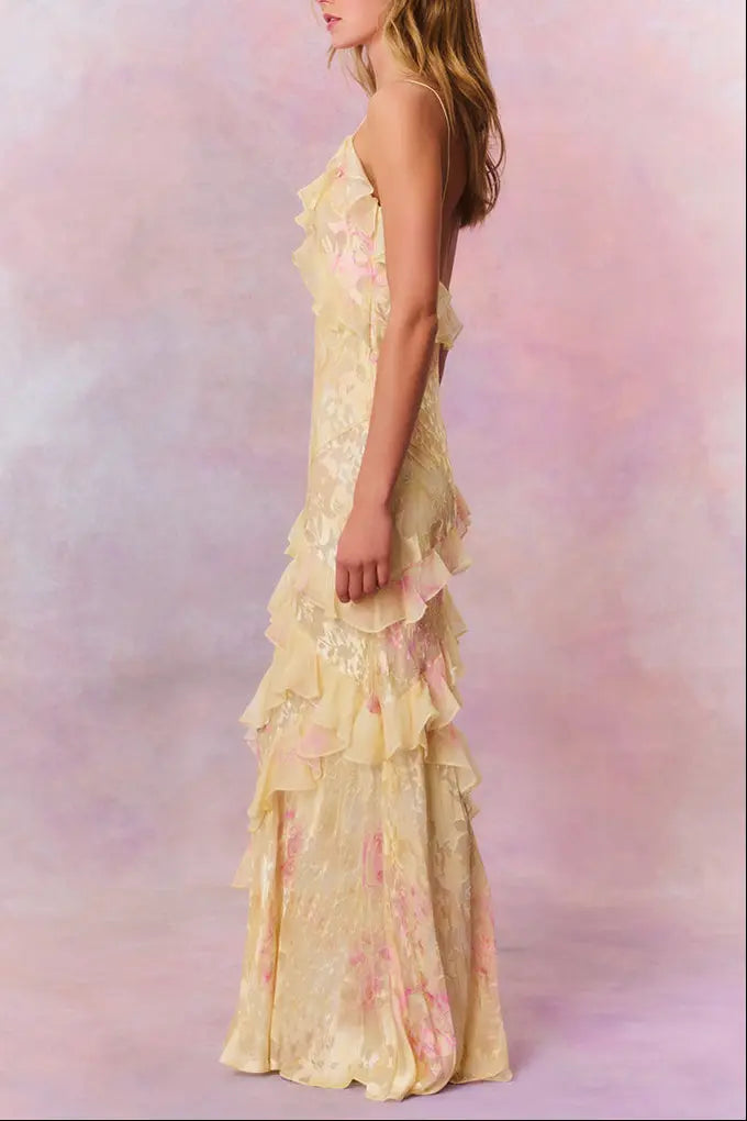 Ruffle Trim Floral Maxi Dress in Yellow