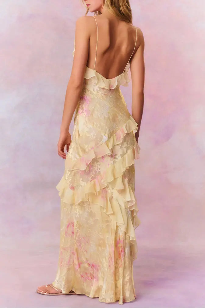 Ruffle Trim Floral Maxi Dress in Yellow